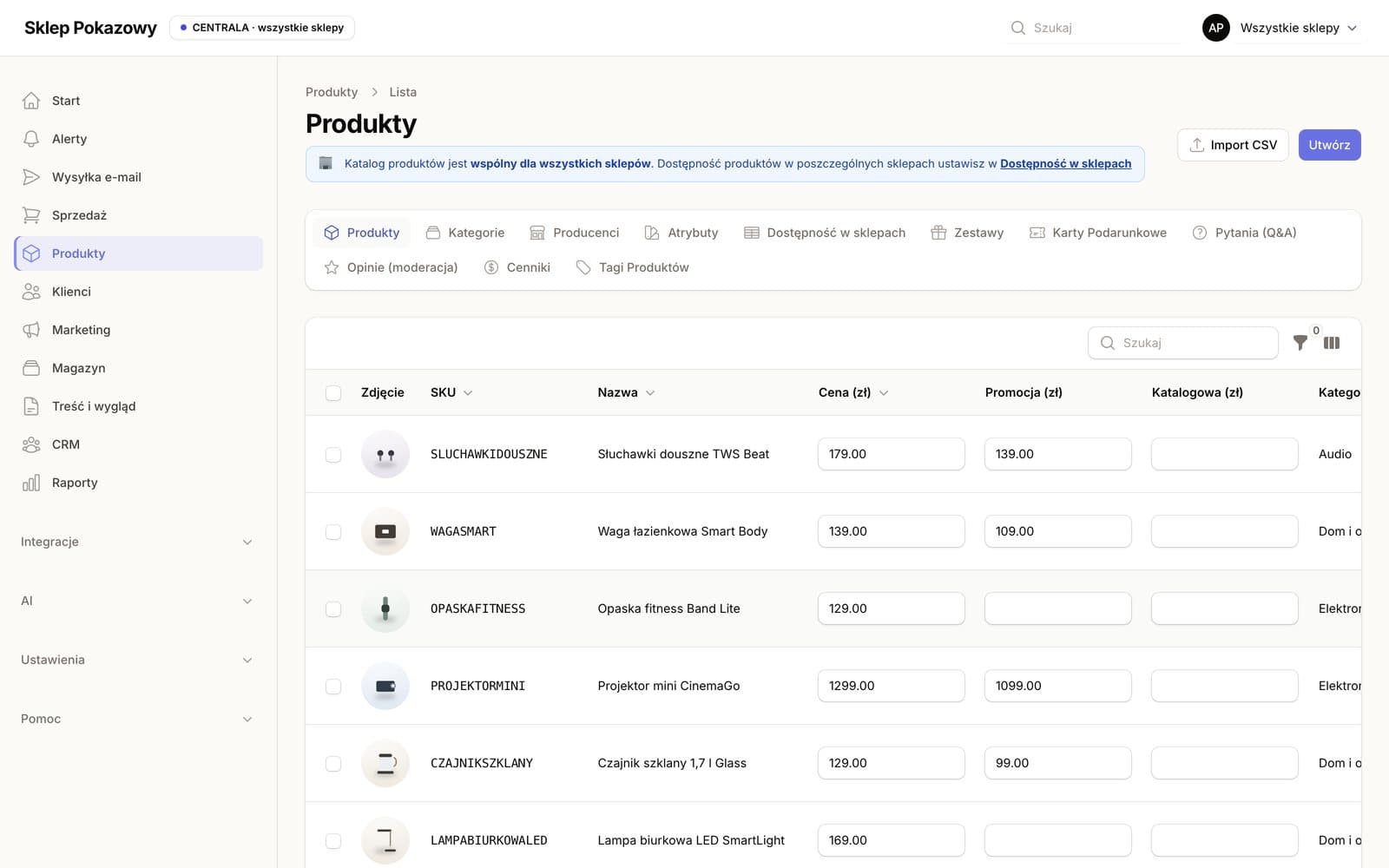 Lista produktów w panelu Torveo