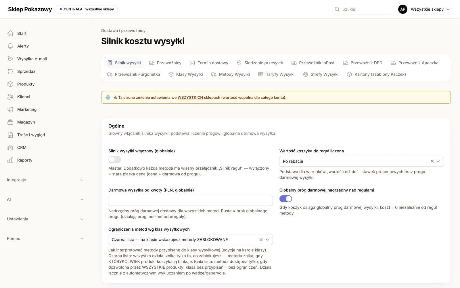 Silnik kosztu wysyłki — progi i darmowa dostawa
